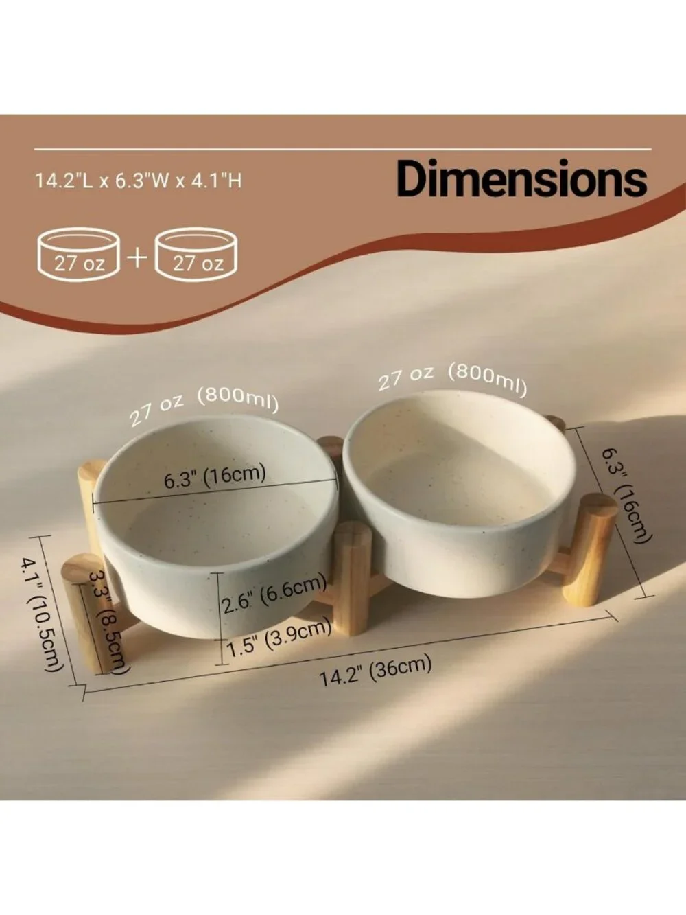 Elevated Ceramic Dog & Cat Bowls with Bamboo Stand - 27oz Pet Feeding Station